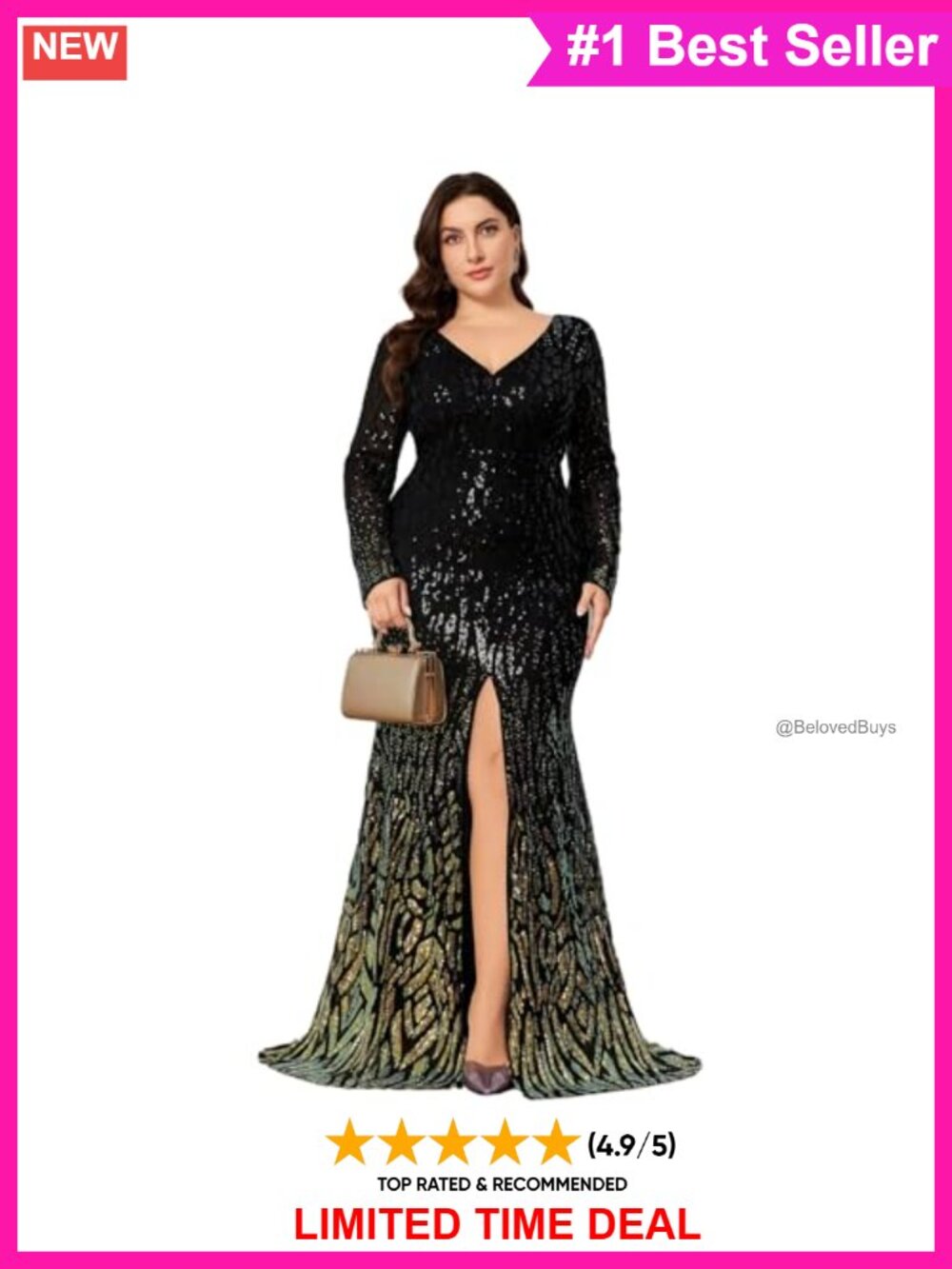 Plus Size Sequin Formal Maxi Dress V-Neck Mermaid Long Sleeve Cocktail
